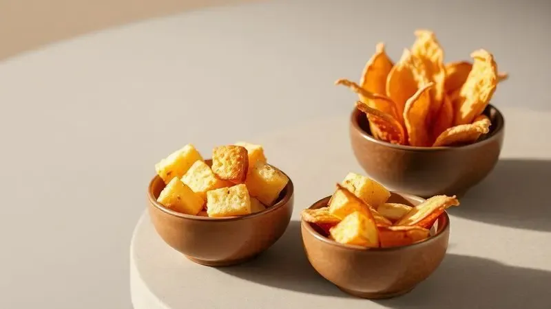 Representação artística de acompanhamentos como croutons dourados e chips crocantes em pequenas tigelas elegantes.