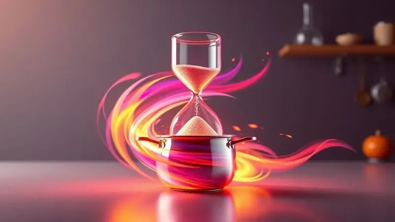 Ampulheta brilhante sobre uma panela ilustrando a agilidade e economia de tempo na cozinha.
