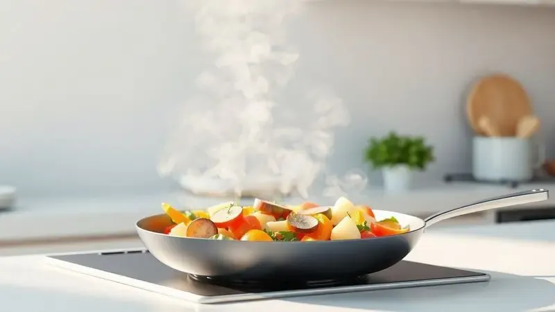 Ilustração minimalista de vegetais frescos sendo salteados em uma frigideira moderna com vapor suave subindo.