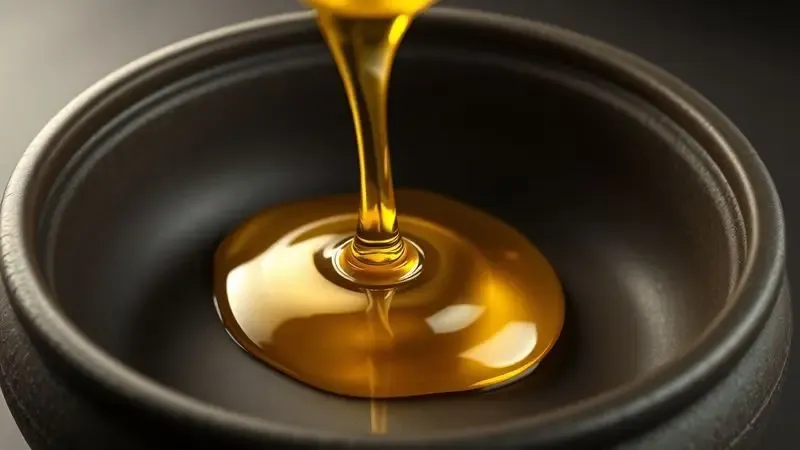 Renderização 3D artística de óleo vegetal dourado sendo aplicado suavemente na superfície de uma panela de barro escura.