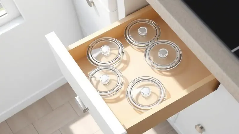 Armário de cozinha organizado com tampas de vidro limpas e brilhantes dispostas de forma minimalista.