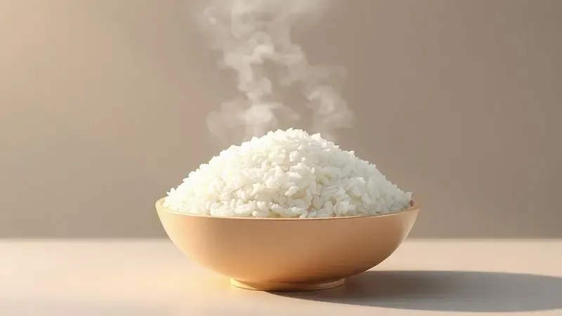 Ilustração 3D de uma tigela de cerâmica com arroz branco soltinho e fumaça saindo em um ambiente minimalista.