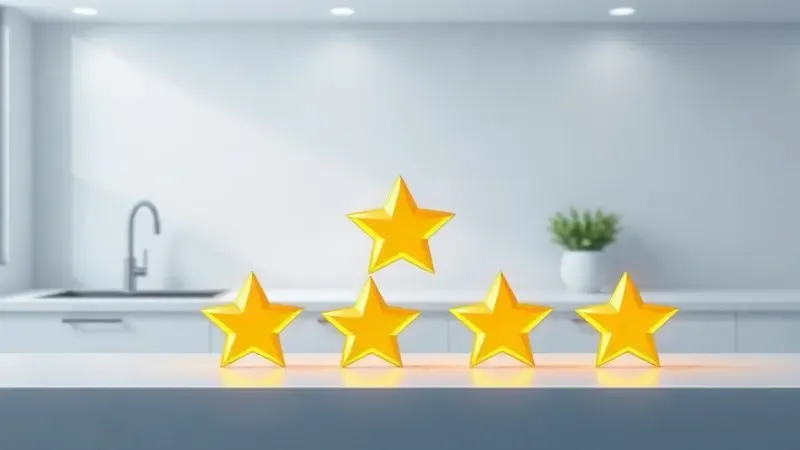 Ilustração digital artística de cinco estrelas douradas flutuando sobre uma bancada de cozinha limpa, simbolizando satisfação do cliente.