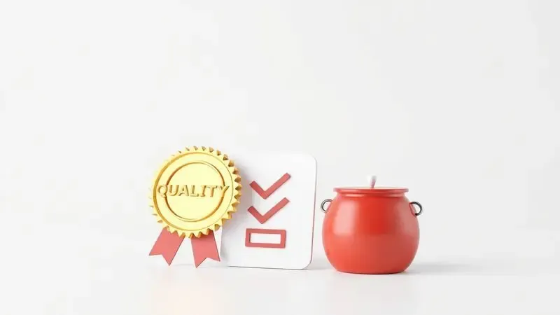 Renderização 3D de um selo de qualidade ao lado de uma panela vermelha, simbolizando confiança e avaliações positivas de consumidores.