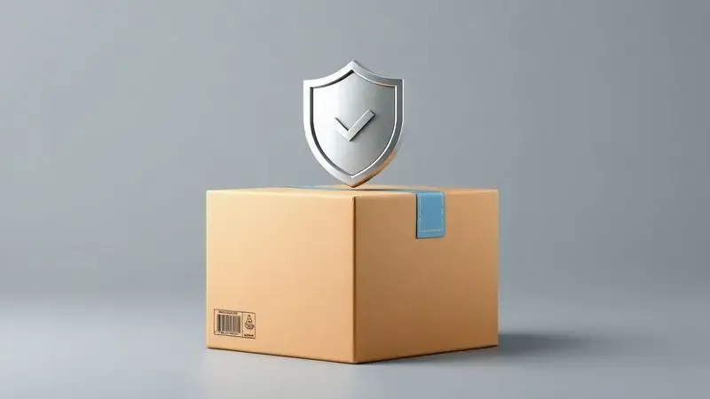 Ilustração de uma caixa de entrega genérica com um ícone de escudo, simbolizando segurança e confiança na compra.