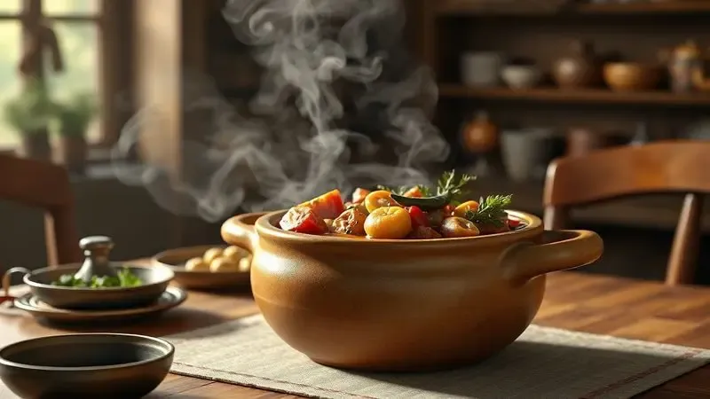 Ilustração 3D de uma panela de pedra sabão servindo um ensopado fumegante sobre uma mesa rústica de madeira.