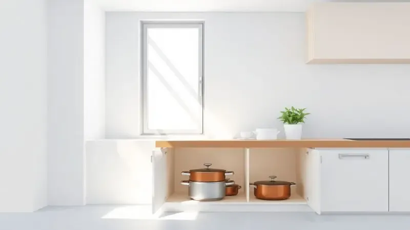 Ilustração de uma cozinha minimalista com armários organizados e luz suave destacando a ordem.