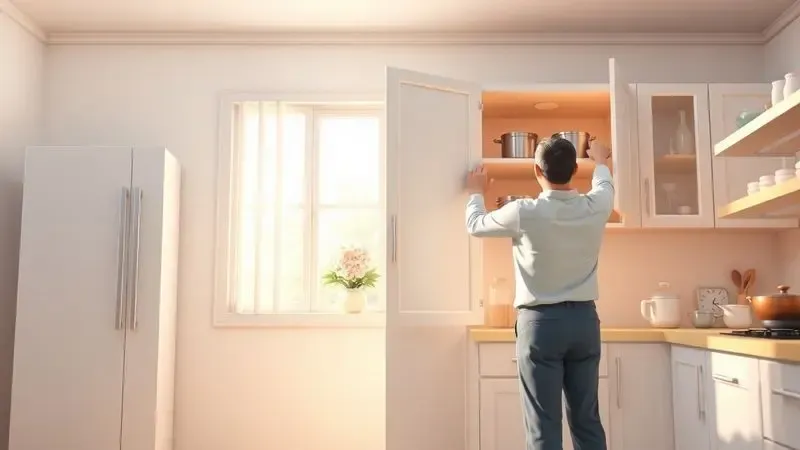 Ilustração de uma cozinha organizada e iluminada onde uma pessoa encontra facilmente uma panela no armário.