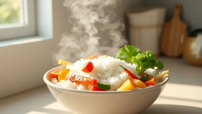 Prato de arroz com legumes cozidos no vapor em uma cozinha iluminada e organizada representativo de vida saudável.