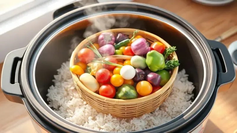 Ilustração artística de legumes no vapor e arroz branco soltinho sendo preparados em uma panela elétrica.