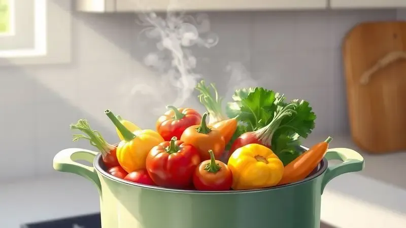 Ilustração digital de alimentos saudáveis e coloridos sendo preparados de forma natural em uma superfície cerâmica.