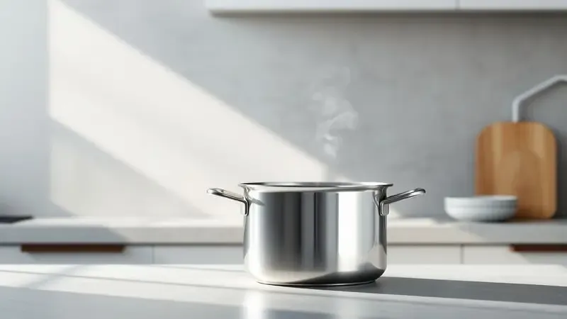 Renderização 3D de uma panela de aço inox de alta qualidade com vapor suave em um ambiente de cozinha moderna.