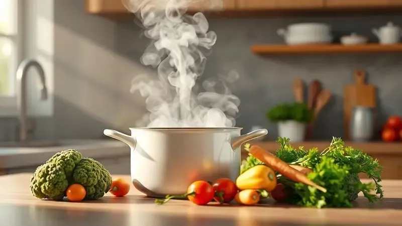Ilustração digital de vegetais frescos sendo preparados em uma panela de cerâmica, destacando uma alimentação saudável e natural.