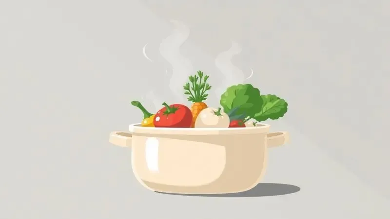Panela de cerâmica minimalista com legumes frescos simbolizando uma culinária saudável e segura.