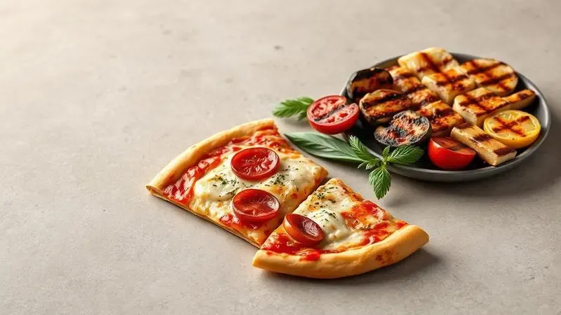 Composição artística com pizza e legumes grelhados ilustrando a versatilidade do conjunto de cozinha.