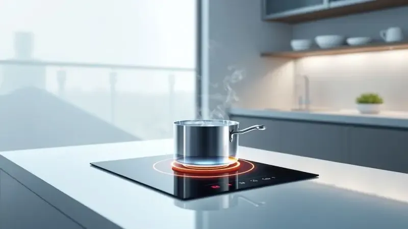 Cena conceitual de uma cozinha moderna destacando a eficiência e velocidade do aquecimento por indução.