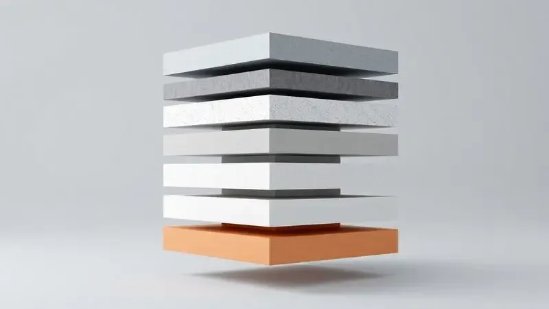Representação visual em 3D das seis camadas de proteção empilhadas de forma organizada e moderna.