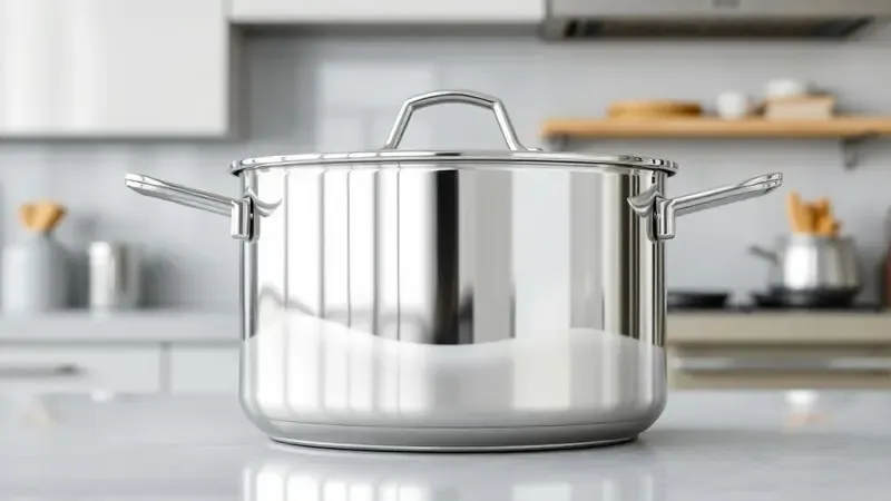 Renderização 3D de uma panela de aço inox polido com brilho metálico e acabamento premium em um fundo neutro.