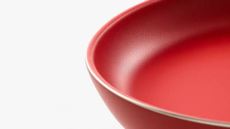 Ilustração digital detalhando o revestimento antiaderente cerâmico de uma panela moderna de cor vermelha.