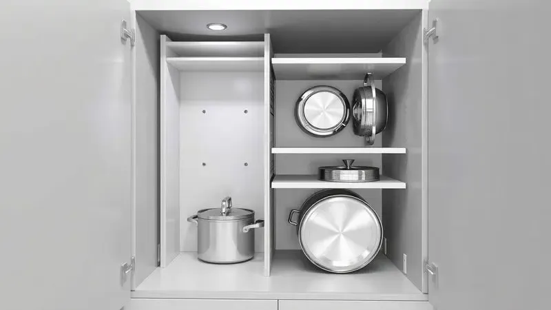 Renderização 3D de sistema de organização para panelas e tampas em tons neutros e design moderno.