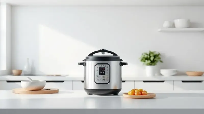 Renderização 3D de uma panela de pressão sendo inspecionada em uma bancada de cozinha organizada e moderna.