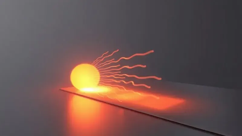 Representação visual abstrata de ondas de calor se movendo em direção a uma superfície metálica, explicando a ciência térmica.