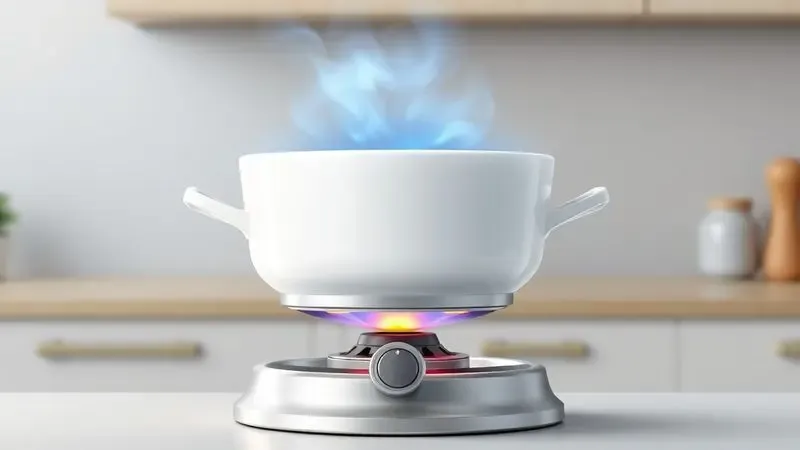 Ilustração digital de um queimador de fondue aceso com chama controlada sob uma panela cerâmica.