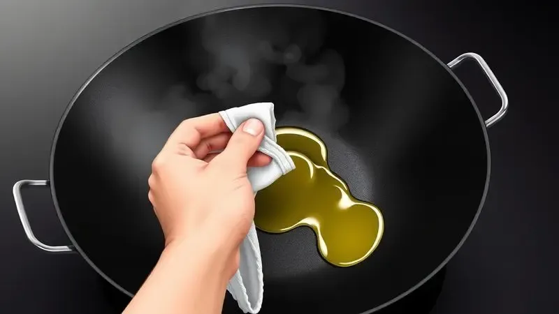 Ilustração de manutenção de panela wok mostrando o processo conceitual de cura com óleo e pano em estilo artístico.