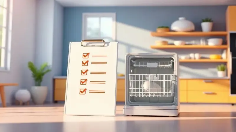 Ilustração 3D conceitual de uma lava-louça moderna destacando critérios de escolha e funcionalidade.