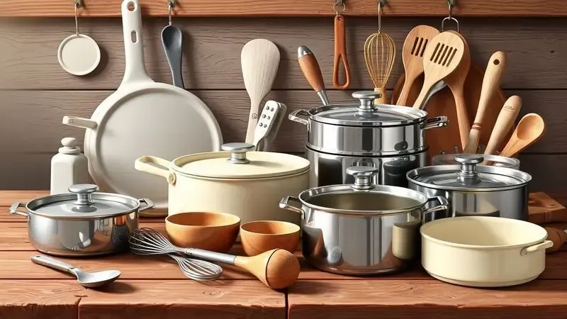 Ilustração realista de utensílios de cozinha e panelas de diversos materiais dispostas sobre uma mesa de madeira.