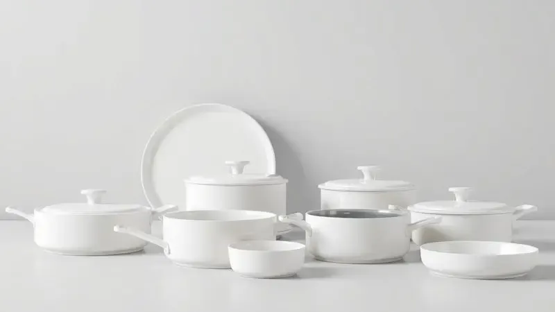 Ilustração em 3D mostrando diferentes formatos e tamanhos de panelas de cerâmica minimalistas e sem marca.