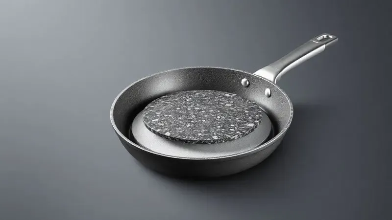 Ilustração em 3D mostrando as camadas internas e a textura resistente do revestimento de granito de uma panela.