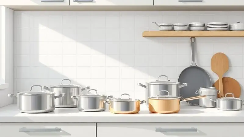 Ilustração digital de uma bancada de cozinha organizada com diversas panelas genéricas em um ambiente minimalista.