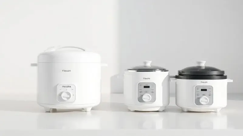Ilustração 3D de diferentes tamanhos de panelas de arroz elétricas em uma bancada minimalista, representando a variedade de modelos.