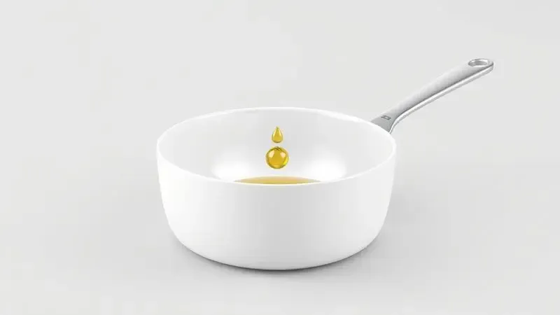 Renderização 3D minimalista ilustrando o processo de aplicação de óleo para cura de uma panela nova.