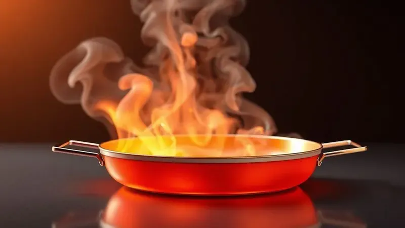 Visualização 3D artística do calor e proteção aplicados à superfície de uma panela de ferro durante o processo de cura.