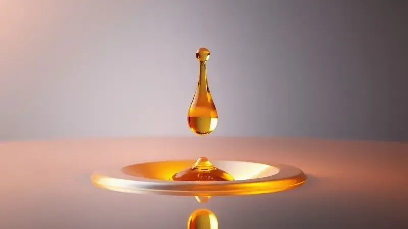 Ilustração 3D conceitual de uma gota de óleo dourada sobre uma superfície de inox, simbolizando o processo de cura.