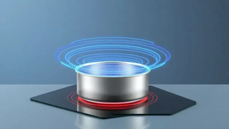 Ilustração 3D mostrando ondas de campo magnético subindo da superfície de um cooktop para aquecer uma panela genérica.