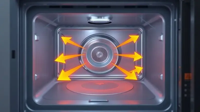 Ilustração 3D mostrando a circulação de ar quente dentro de uma fritadeira elétrica de forma conceitual.