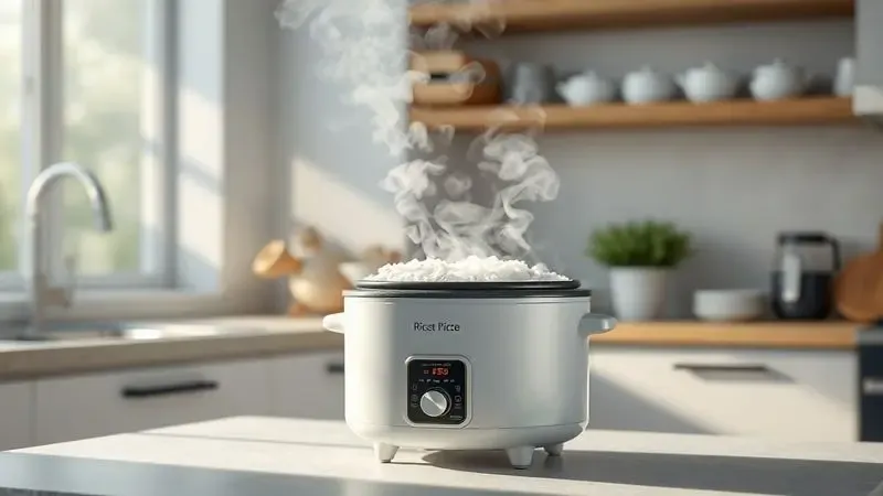 Ilustração digital de uma panela elétrica de arroz liberando vapor em uma cozinha moderna com iluminação suave.