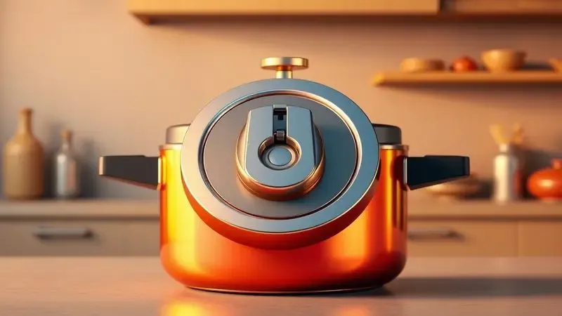 Detalhe conceitual do mecanismo de fechamento externo de uma panela de pressão moderna em renderização 3D.