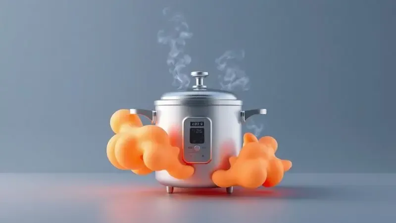 Ilustração 3D conceitual mostrando o funcionamento da pressão interna e vapor em uma panela.