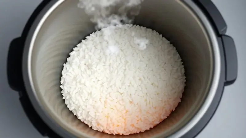 Ilustração conceitual em 3D mostrando o aquecimento uniforme de grãos de arroz dentro de uma panela elétrica minimalista.