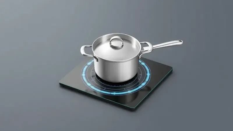 Renderização digital de uma panela sobre fogão de indução demonstrando a compatibilidade tecnológica e eletromagnetismo.