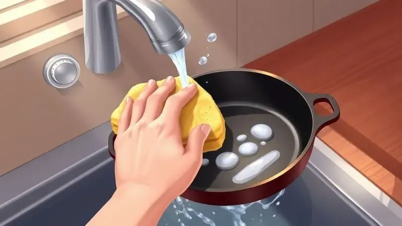 Ilustração de uma pessoa lavando delicadamente uma panela de ferro fundido com esponja macia em uma cozinha aconchegante.