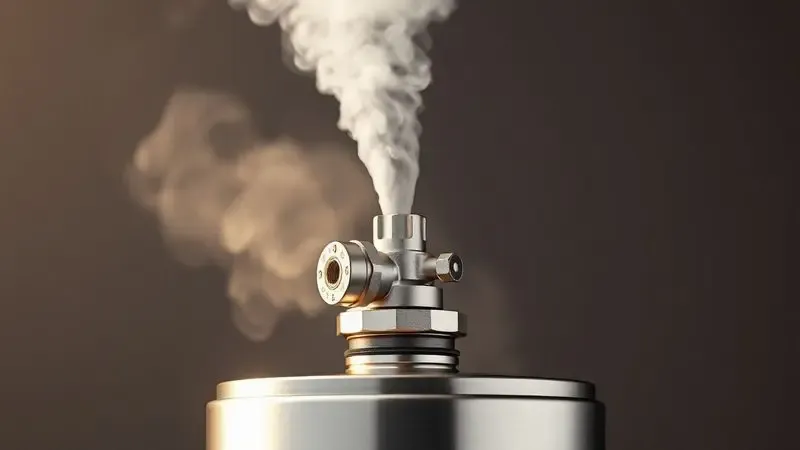 Ilustração 3D da válvula de uma panela de pressão liberando vapor de forma segura e controlada.