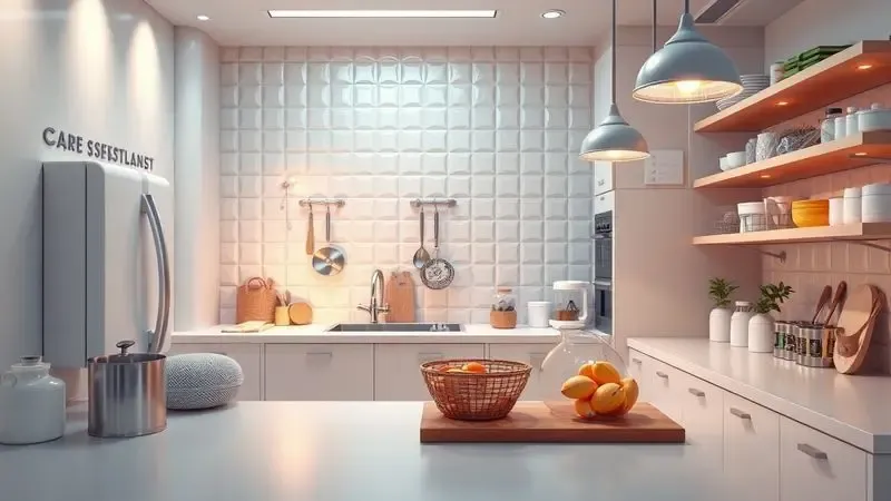 Cena conceitual em 3D mostrando elementos de limpeza e manutenção para uma panela de pressão em uma cozinha iluminada.