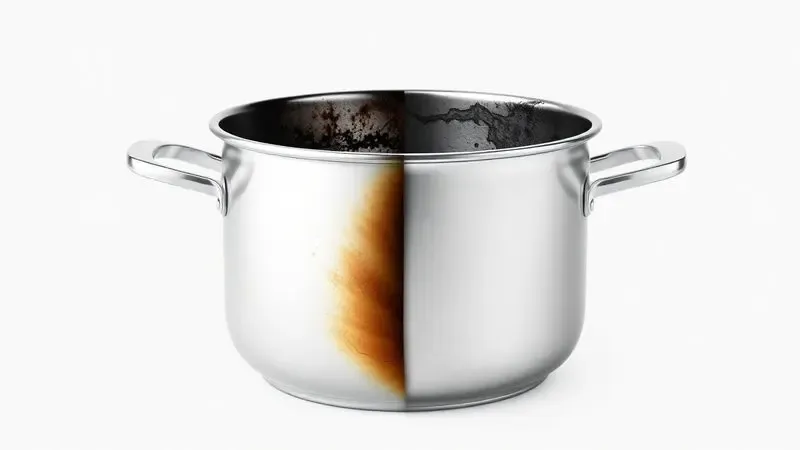 Ilustração conceitual de uma panela de metal sendo restaurada de manchas escuras para um estado limpo.