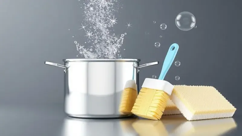 Renderização 3D de uma panela limpa e brilhante com elementos conceituais de limpeza e cuidado.