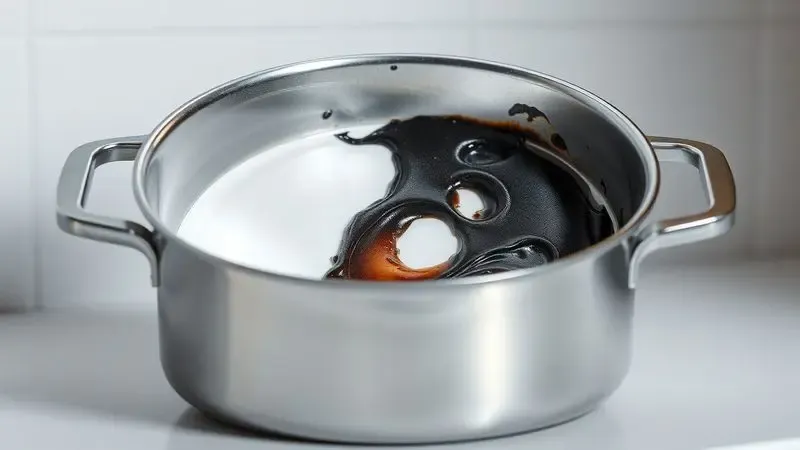Representação artística de uma panela com manchas escuras de queimado sendo limpa para revelar o metal brilhante por baixo.